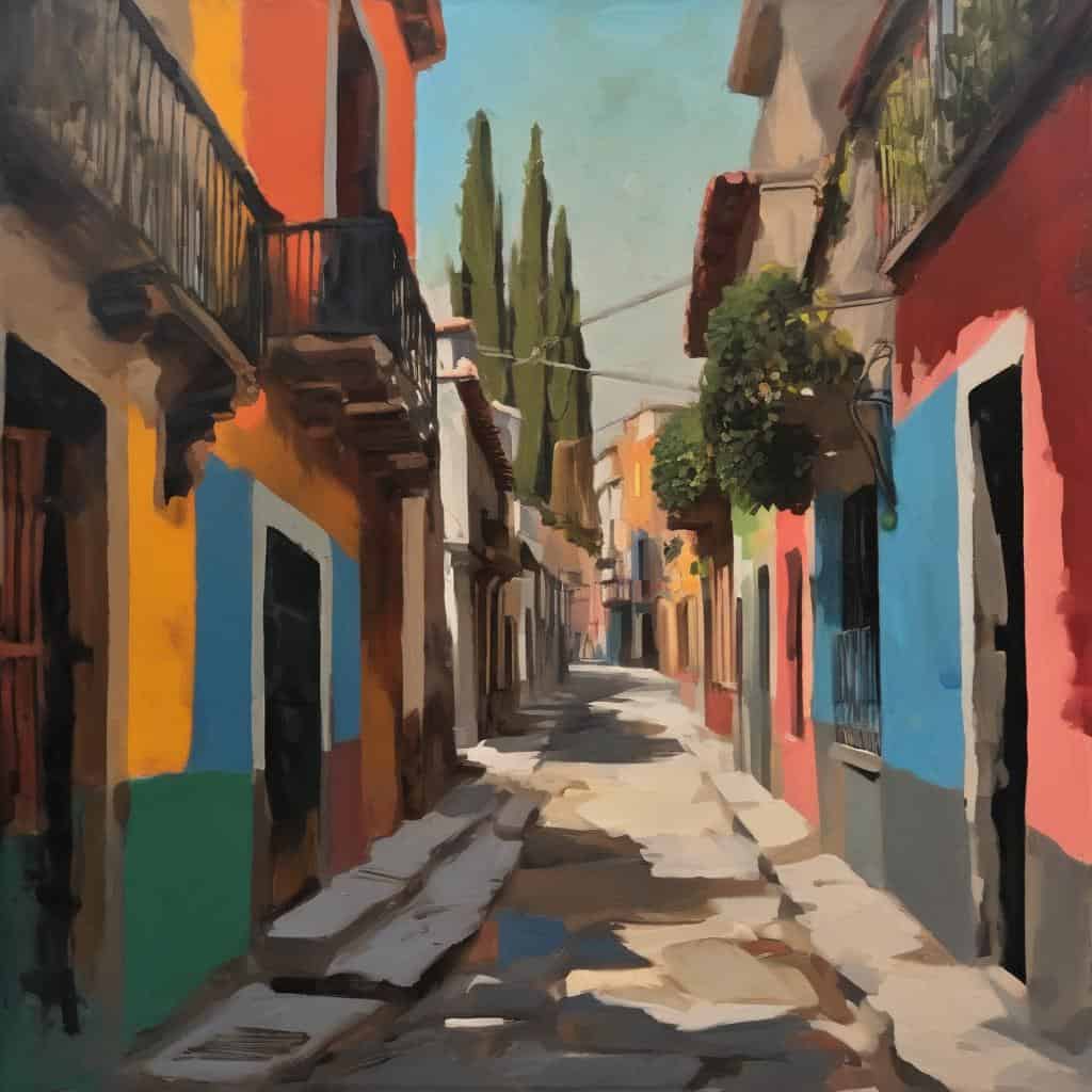 Ζωγραφιά φωτορεαλιστικής τεχνης σε παραδοσιακό δρόμο με πολύχρωμα σπίτια και τρεις ψηλούς φοίνικες.