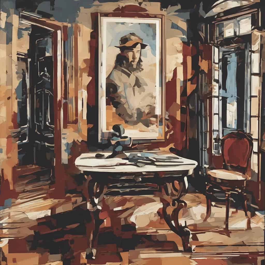 Φωτορεαλισμός στην τέχνη, εσωτερικός χώρος με πίνακα και ρομαντικά έπιπλα, εκφραστικά χρώματα και ακριβής λεπτομέρεια.