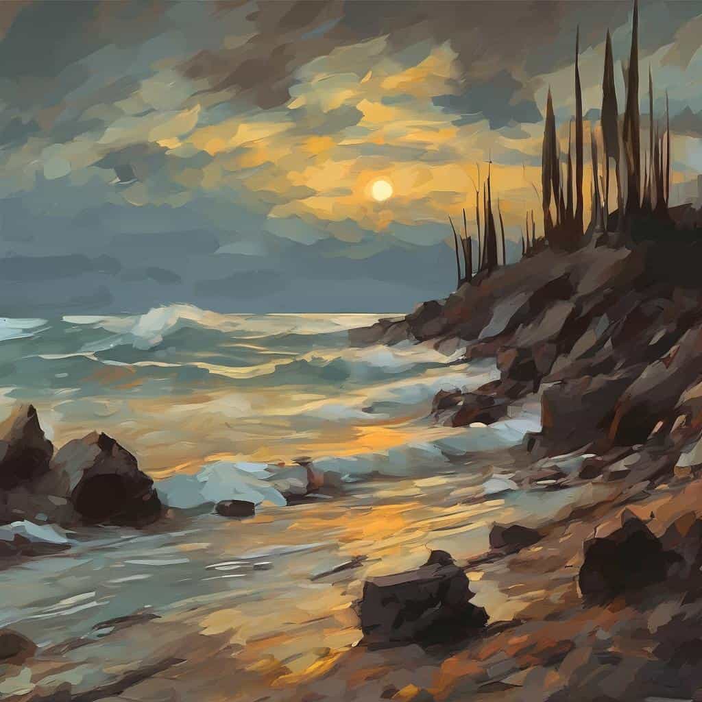 Ακρίβεια και έκφραση στον φωτορεαλισμό τέχνης σε παραθαλάσσιο τοπίο με βράχια και σύγχρονη τεχνική ζωγραφικής.