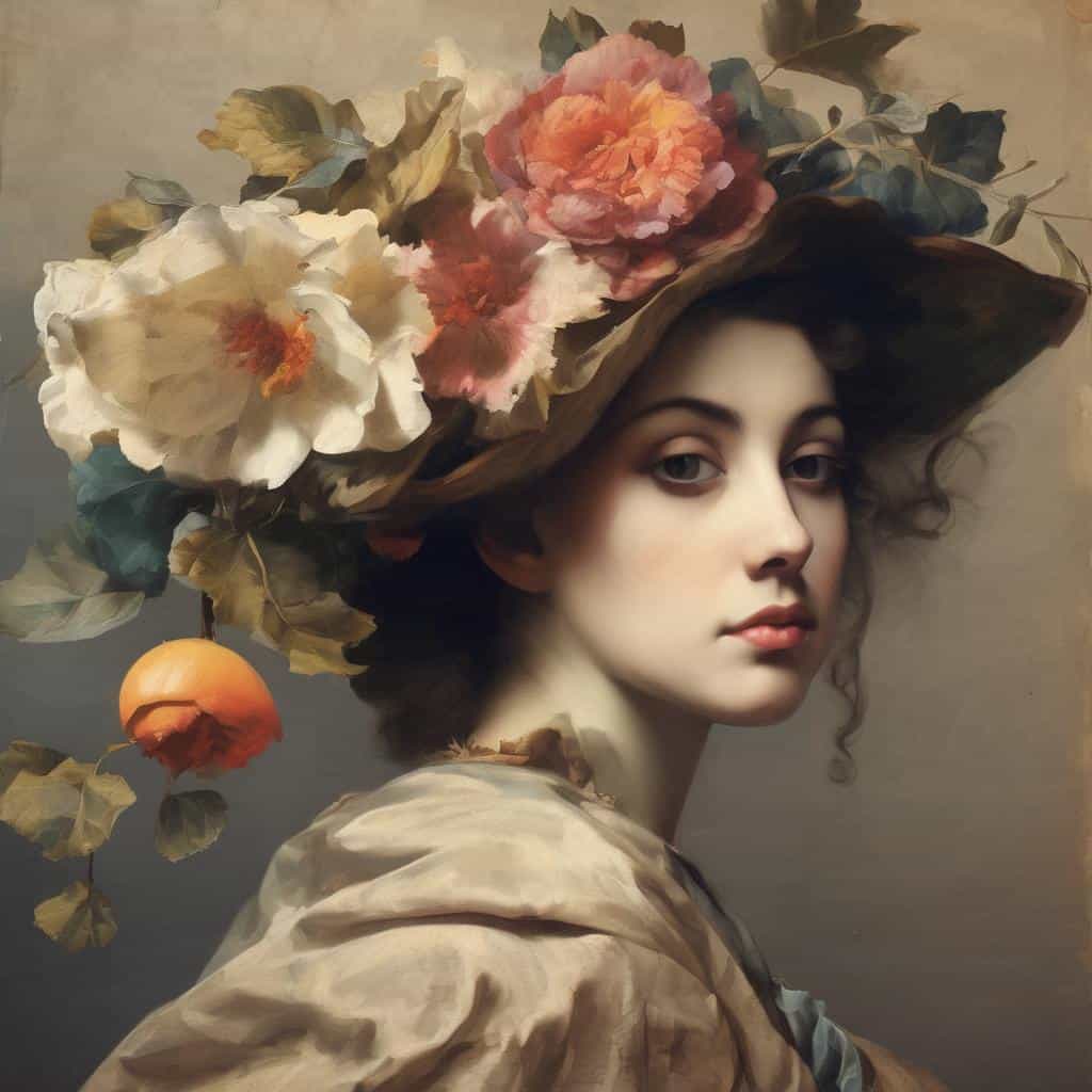 Λουλούδια σε καπέλο, ρεαλιστική πορτραίτο τέχνης, φωτορεαλισμός με ακρίβεια και έκφραση, κομψή γυναικεία εικόνα με floral στοιχεία.
